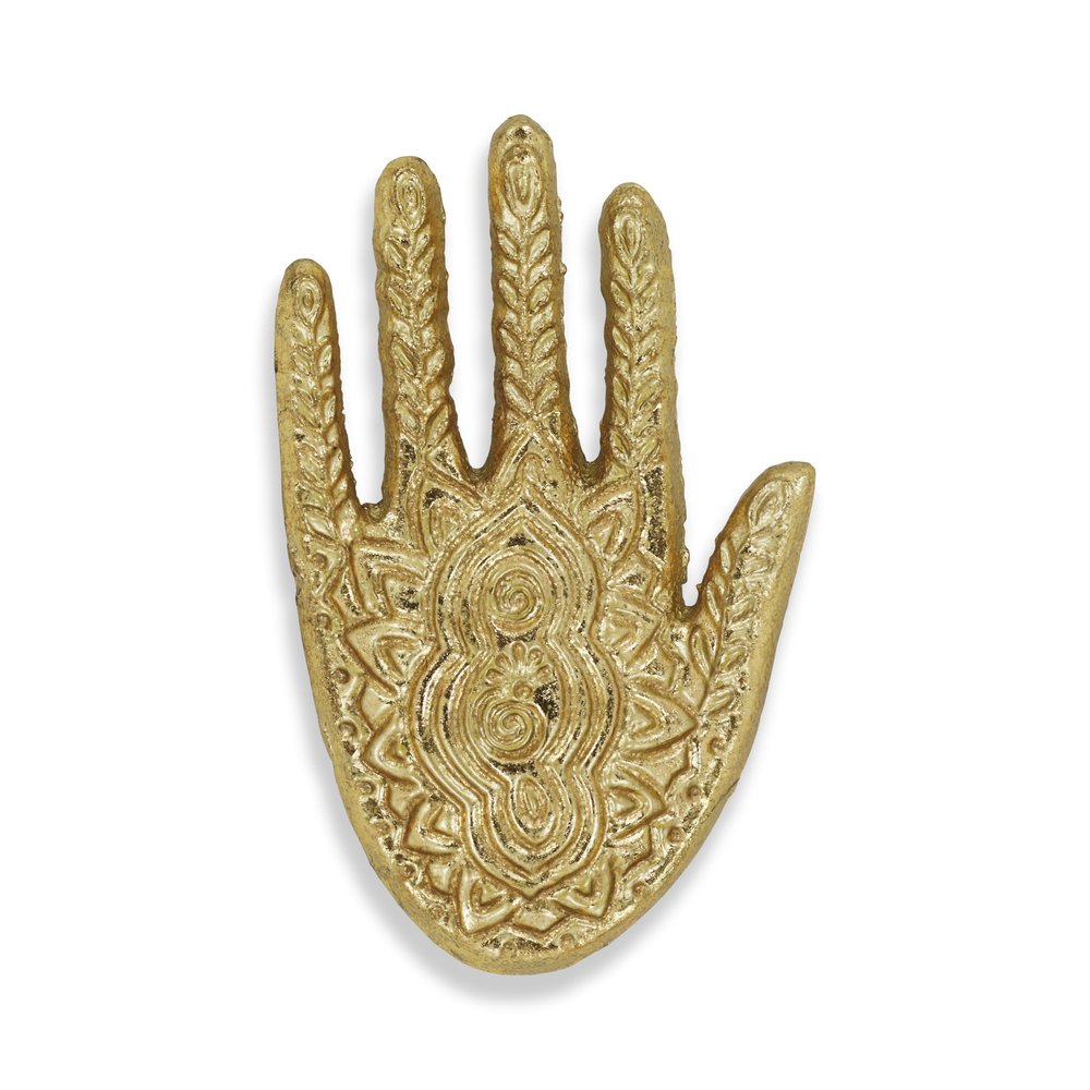5" Gold Hamza Metal Handmade Tray. Serving bowl isolated on a plain white background, in a gold metal finish.