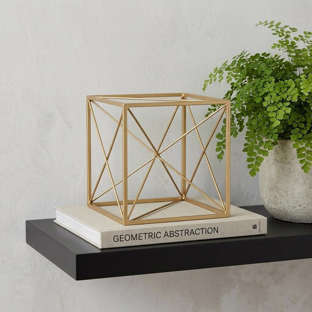 8" Gold Metal Abstract Geo Cube Sculpture