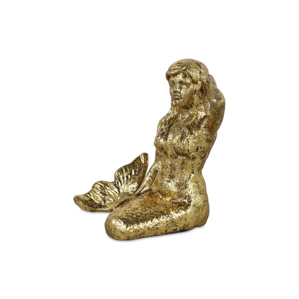 6" Antiqued Brass Cast Iron Mermaid Hand Painted Statue Tabletop Sculpture. Sculpture isolated on a plain white background, showing a metal surface.