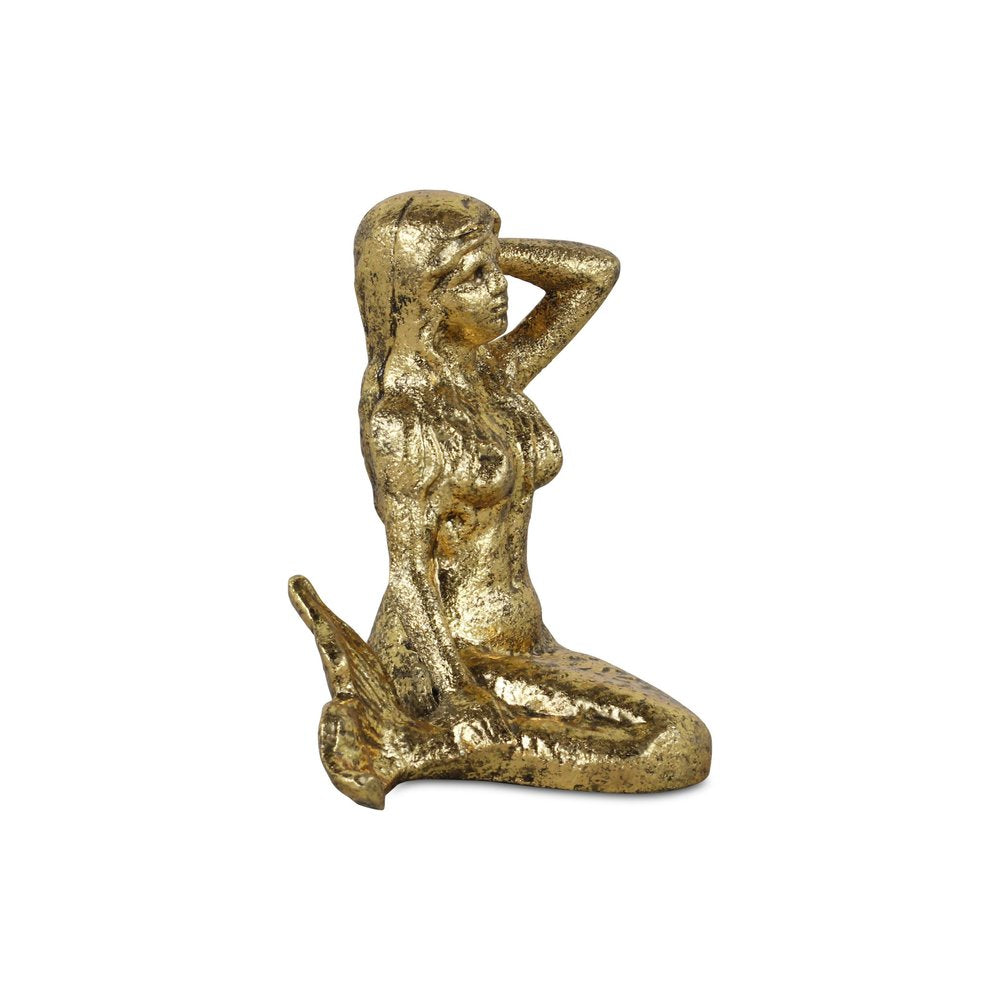 6" Antiqued Brass Cast Iron Mermaid Hand Painted Statue Tabletop Sculpture. Sculpture isolated on a plain white background, showing a metal surface.