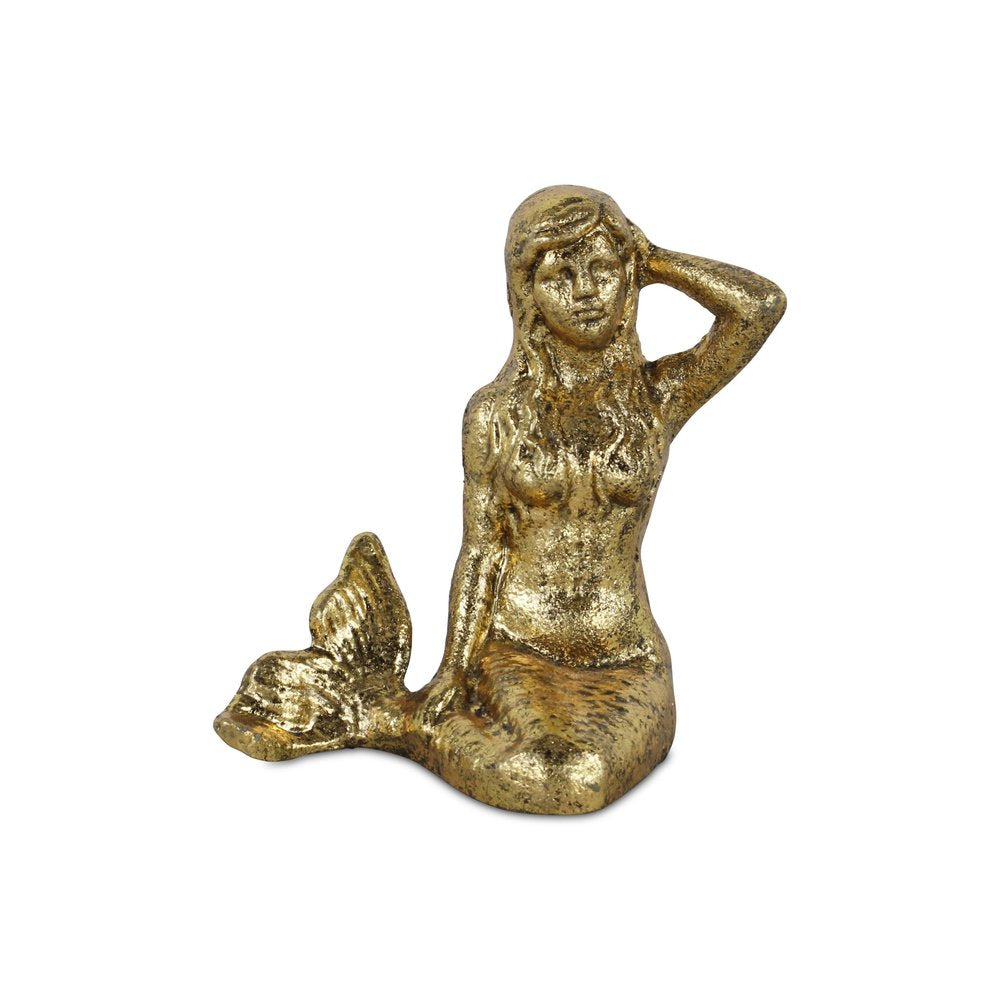 6" Antiqued Brass Cast Iron Mermaid Hand Painted Statue Tabletop Sculpture. Sculpture isolated on a plain white background, showing a metal surface.