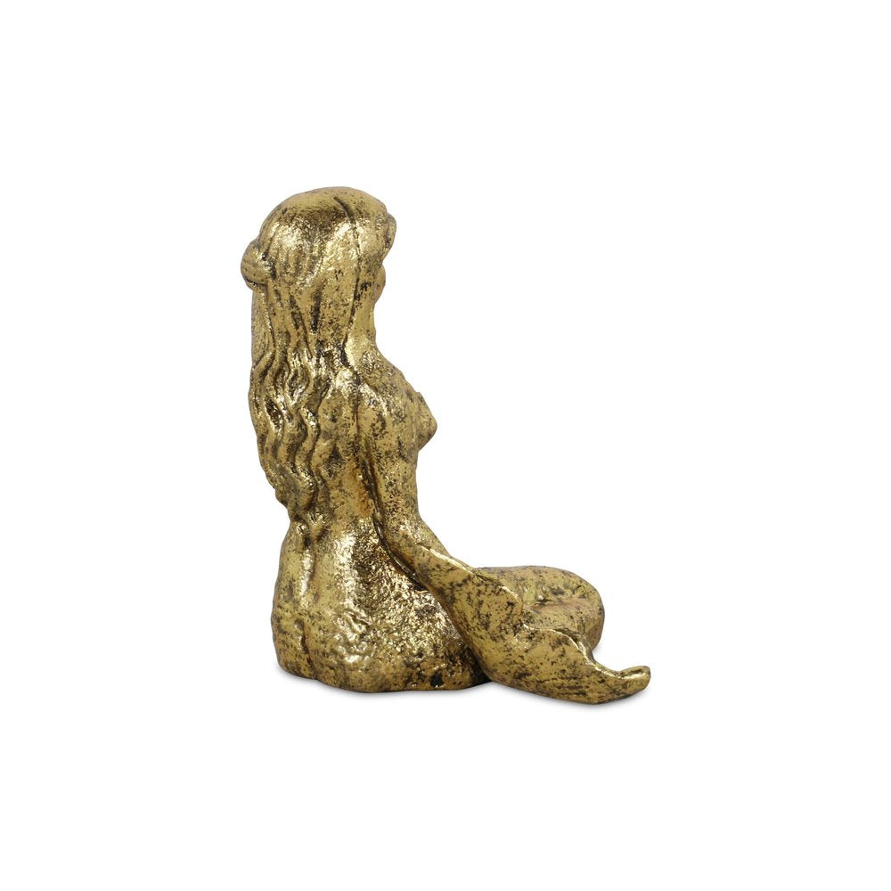 6" Antiqued Brass Cast Iron Mermaid Hand Painted Statue Tabletop Sculpture. Sculpture isolated on a plain white background, showing a metal surface.