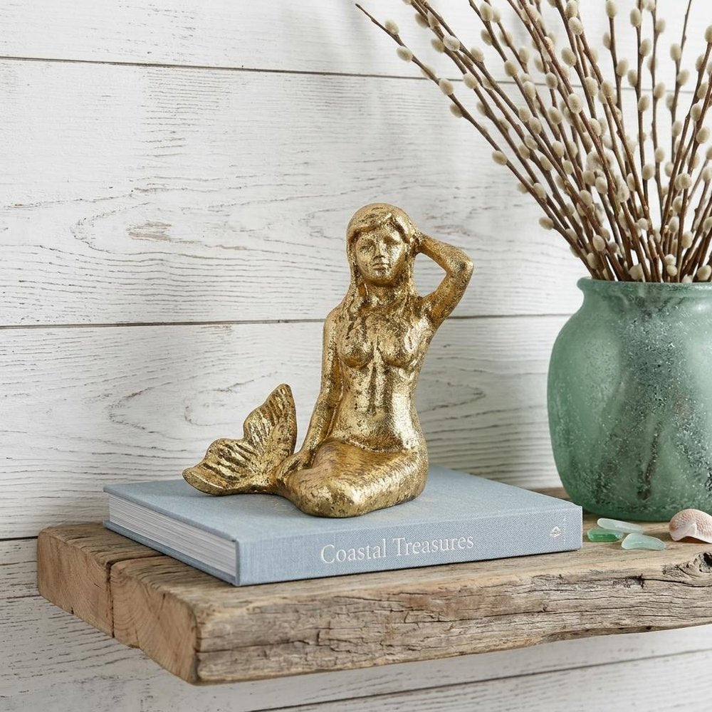 6" Antiqued Brass Cast Iron Mermaid Hand Painted Statue Tabletop Sculpture