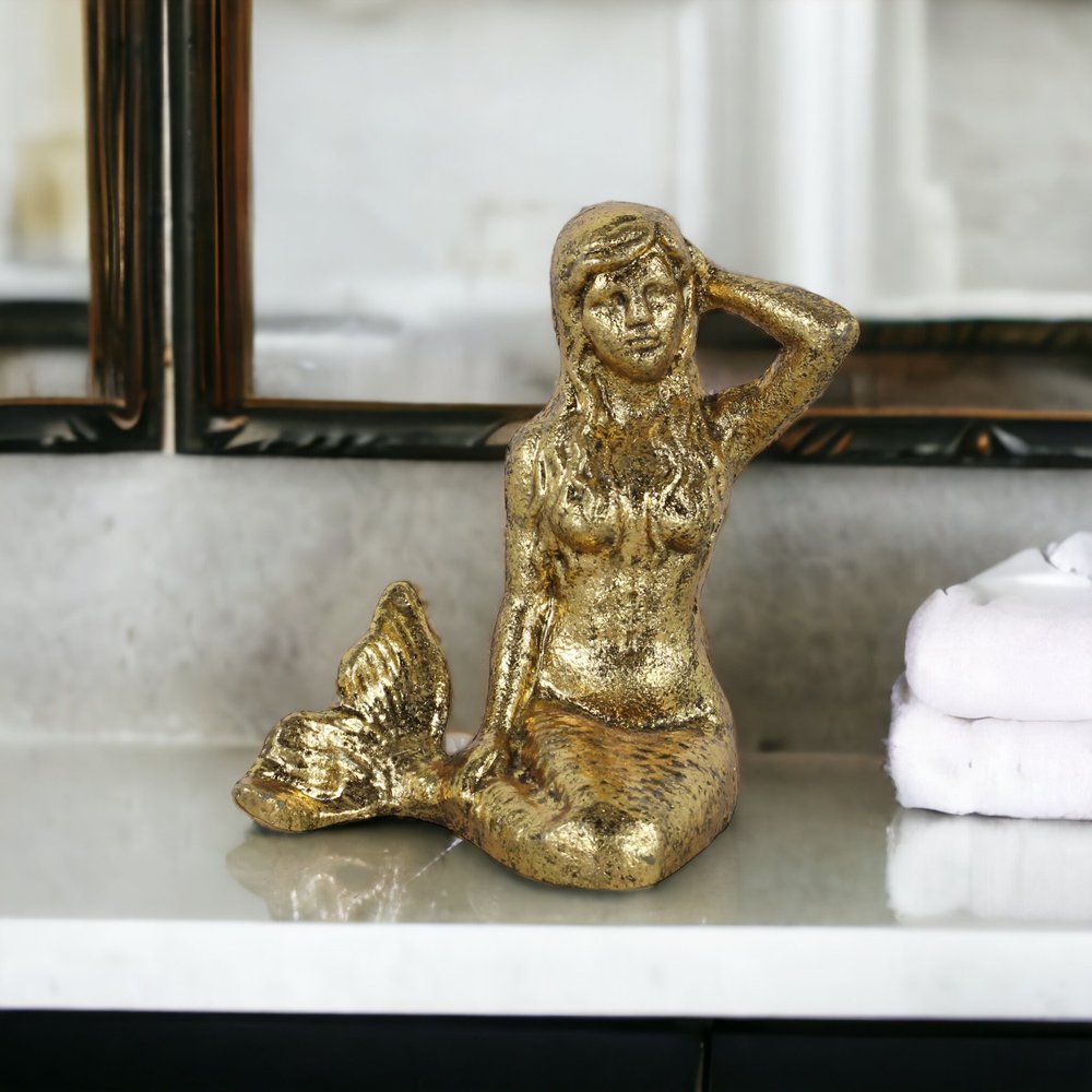 6" Antiqued Brass Cast Iron Mermaid Hand Painted Statue Tabletop Sculpture.