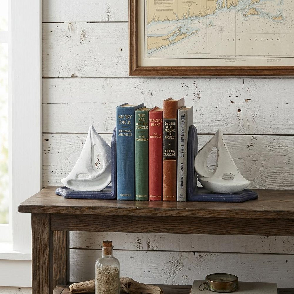 Set of Two 5" Blue And White Cast Iron Sailboat Decorative Bookends