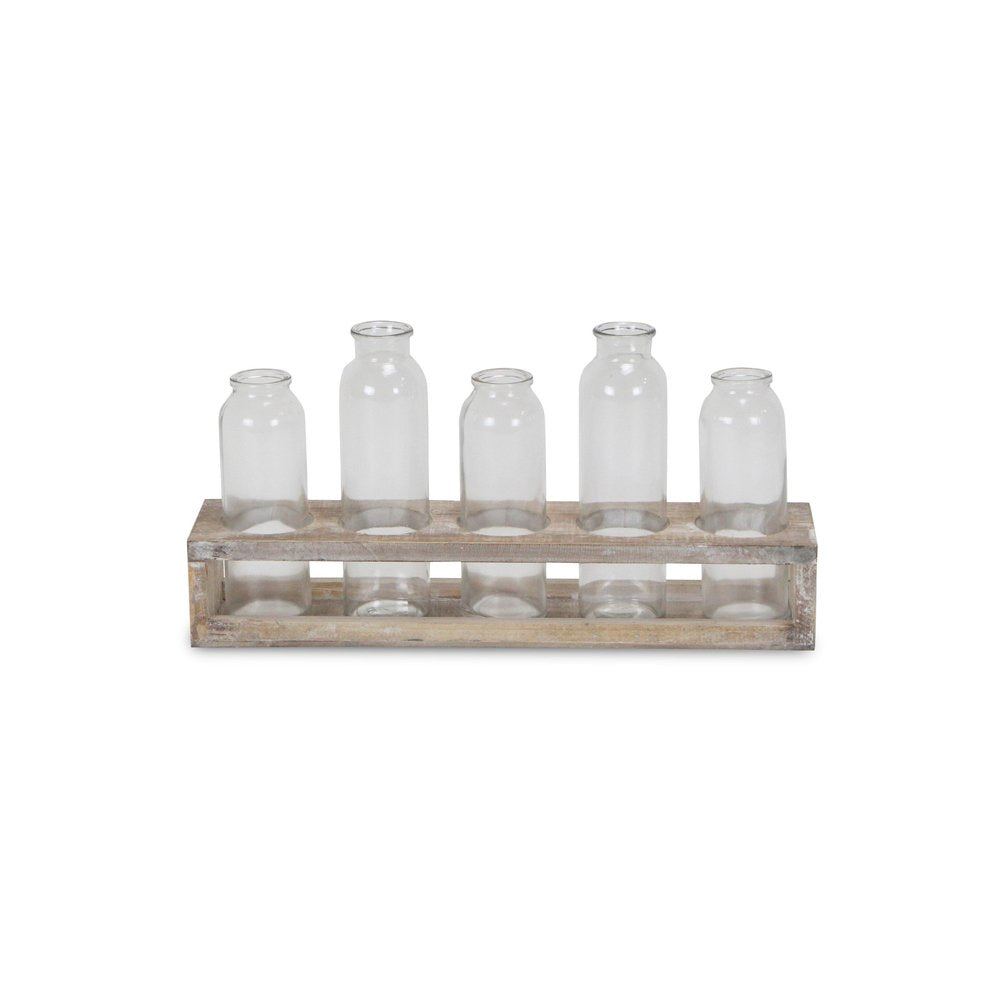Set of Five Clear Cylinder Glass Decorative Bottles on a white background