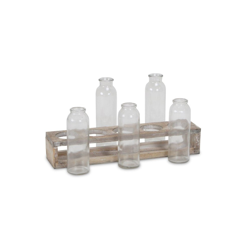 Set of Five Clear Cylinder Glass Decorative Bottles on a white background