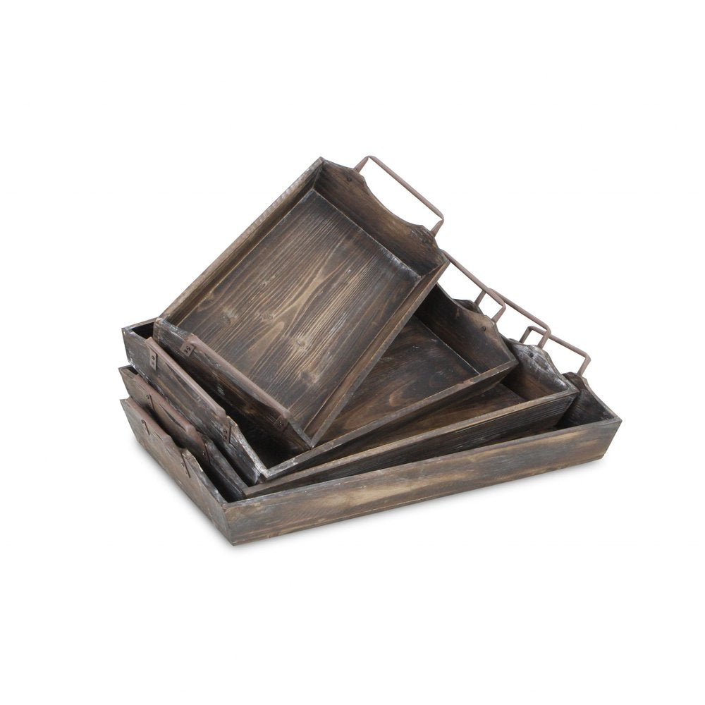 Set of Four Brown Wood Handmade Serving Tray With Handles on a white background