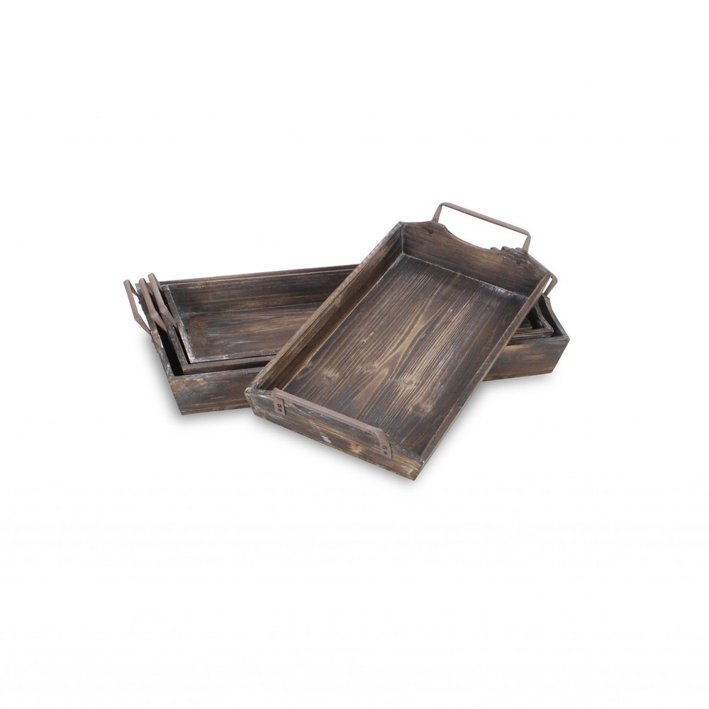 Set of Four Brown Wood Handmade Serving Tray With Handles on a white background