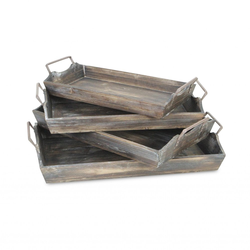 Set of Four Brown Wood Handmade Serving Tray With Handles on a white background