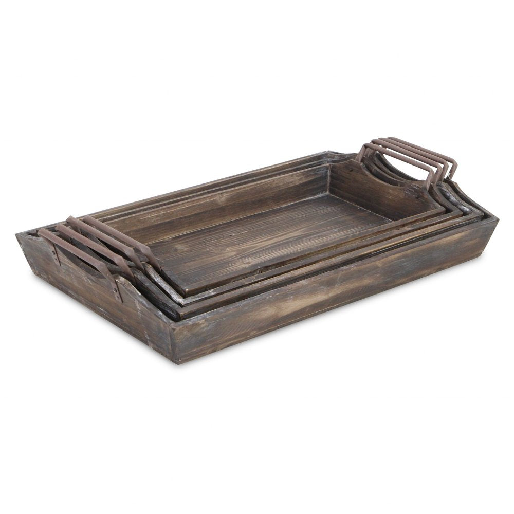 Set of Four Brown Wood Handmade Serving Tray With Handles on a white background