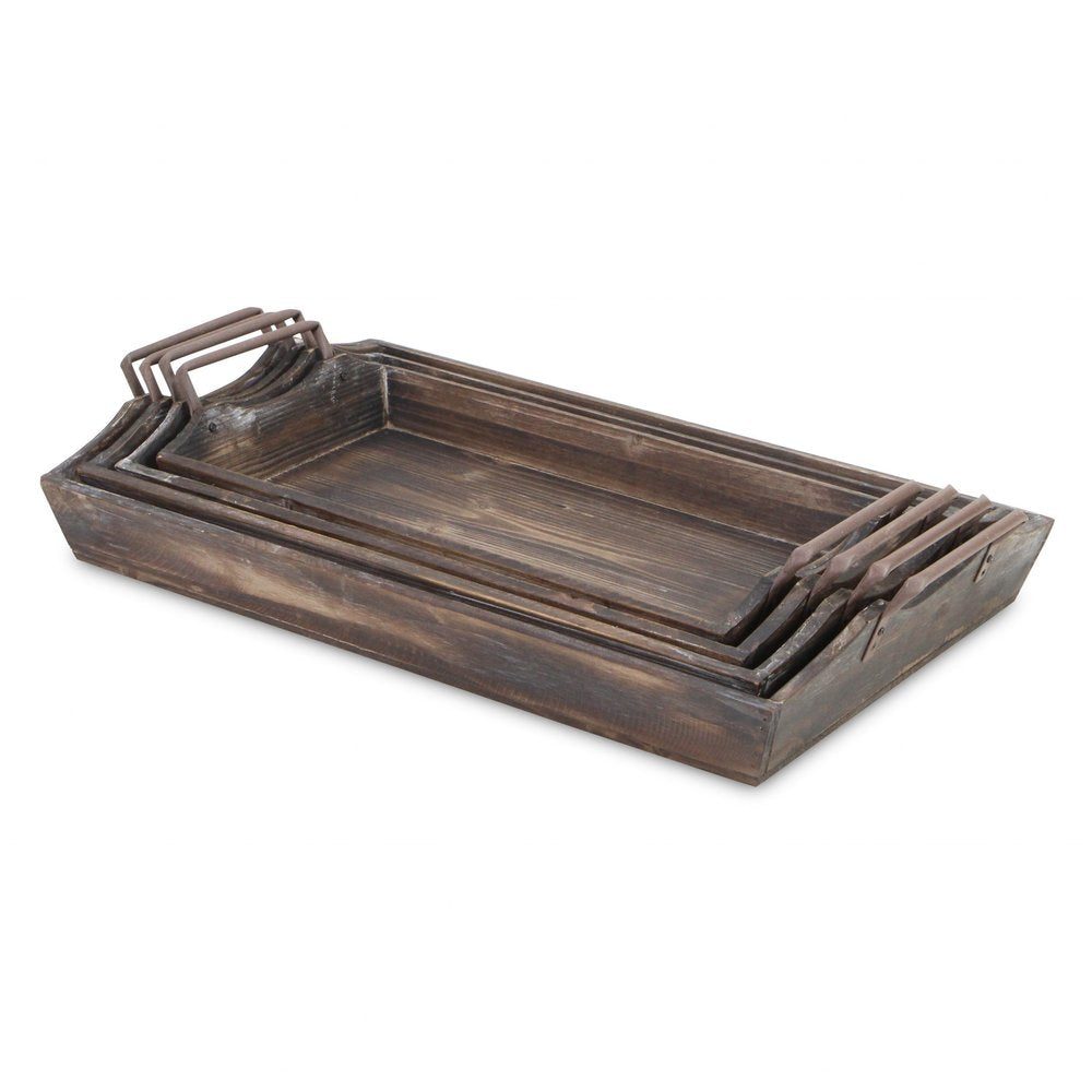 Set of Four Brown Wood Handmade Serving Tray With Handles on a white background
