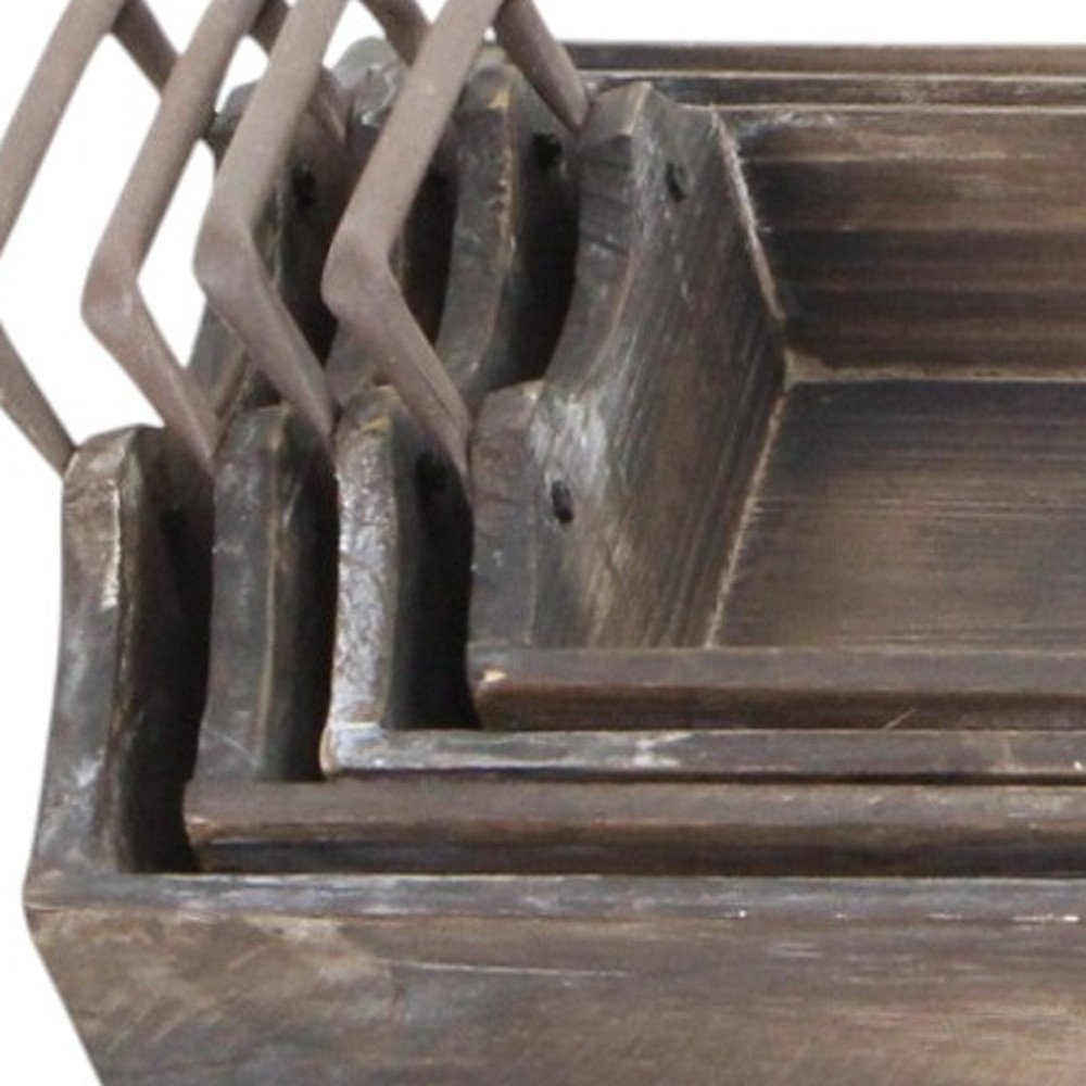 Set of Four Brown Wood Handmade Serving Tray With Handles close-up detail