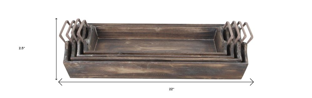 Set of Four Brown Wood Handmade Serving Tray With Handles on a white background