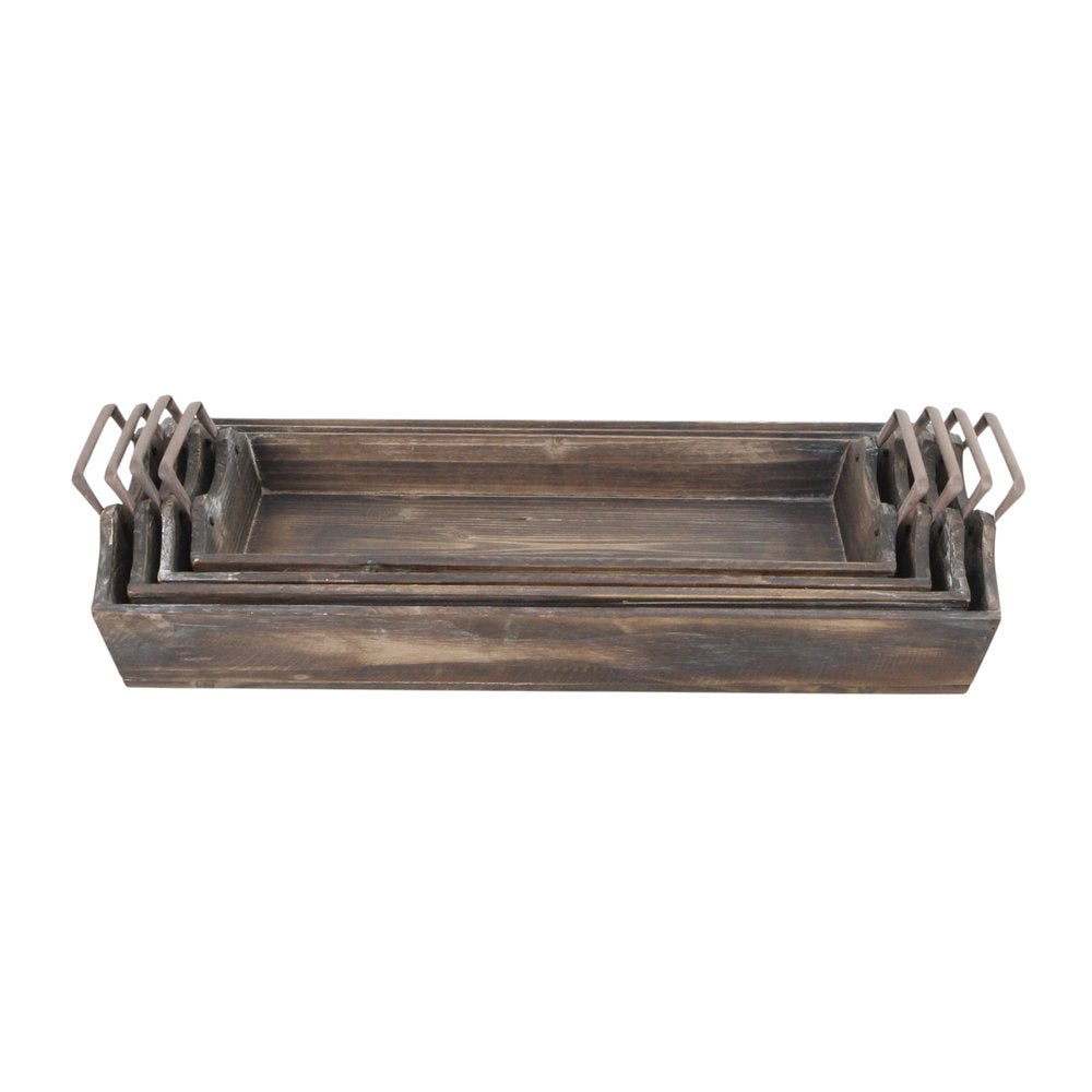 Set of Four Brown Wood Handmade Serving Tray With Handles on a white background