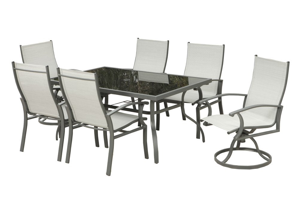 Seven Piece Black and Gray Rectangular Glass Dining Set with Six Chairs on a white background