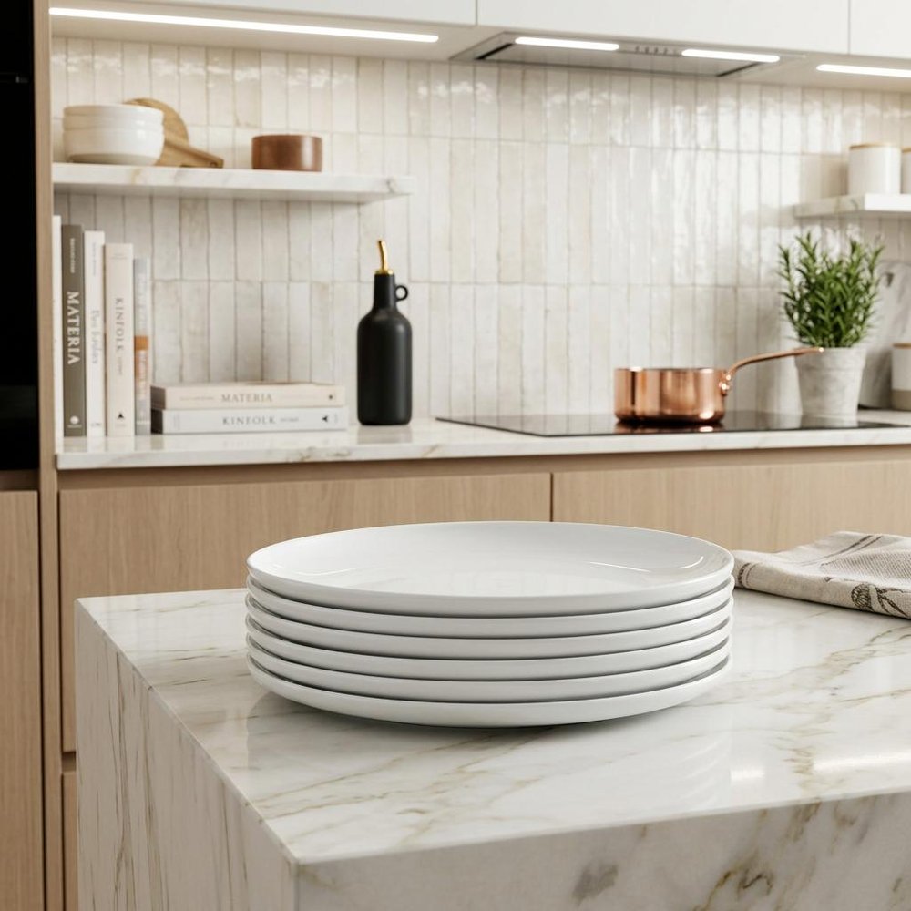 White Six Piece Round Coupe Porcelain Service For Six Dinner Plate Set in a home interior