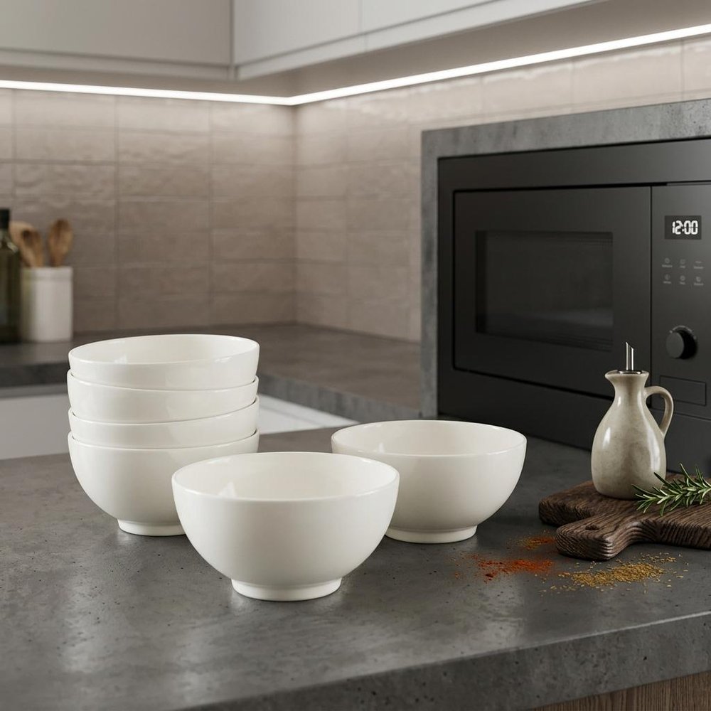 White Six Piece Porcelain Service For Six Bowl Set in a home interior
