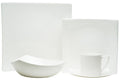 White Five Piece Square Bone China Dinnerware Set on a white background
