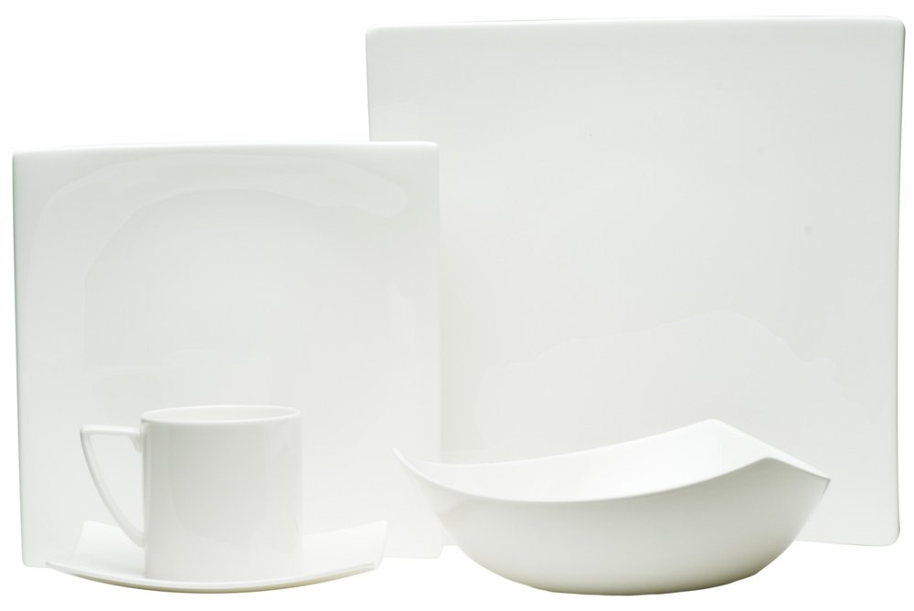 White Five Piece Square Bone China Dinnerware Set on a white background