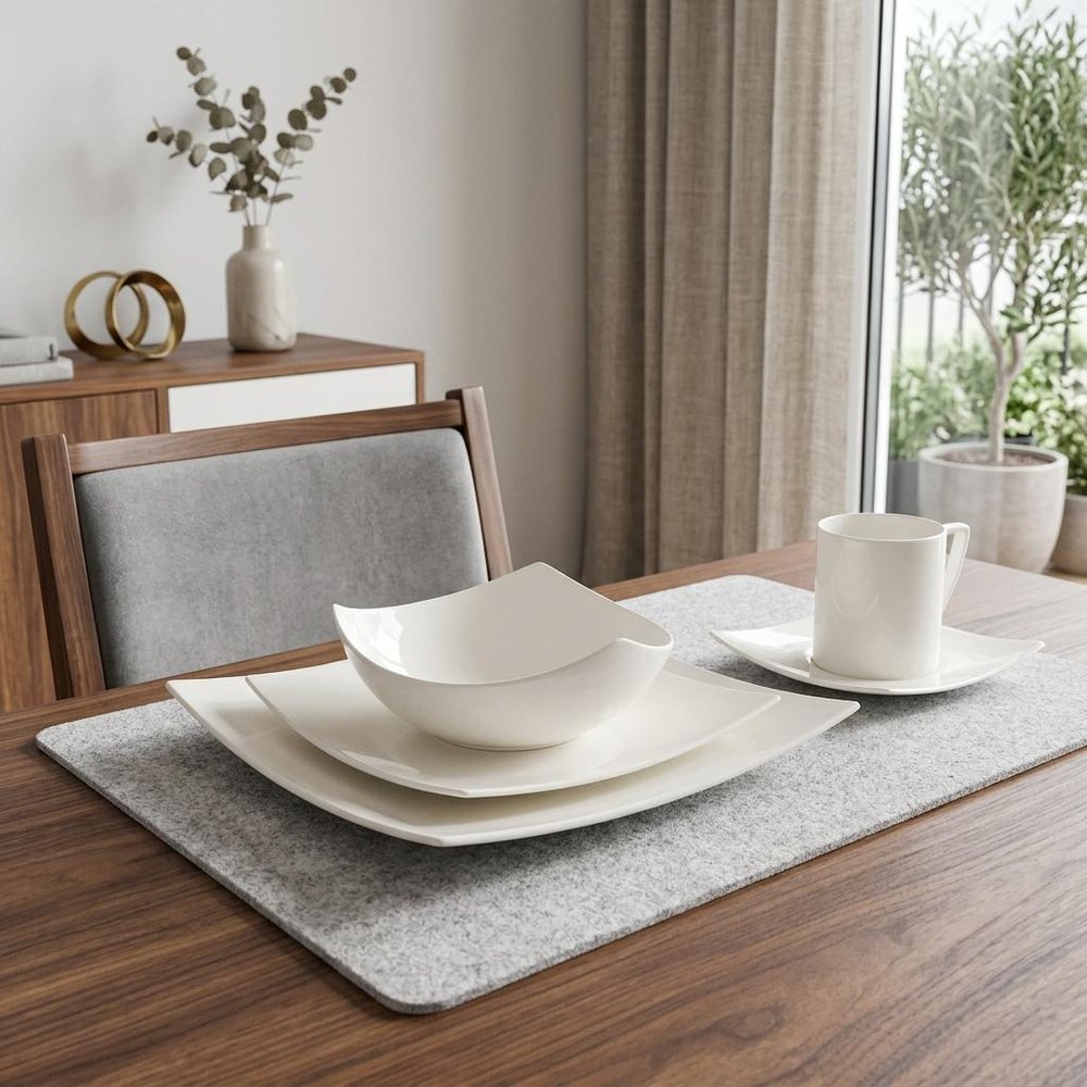 White Five Piece Square Bone China Dinnerware Set in a home interior