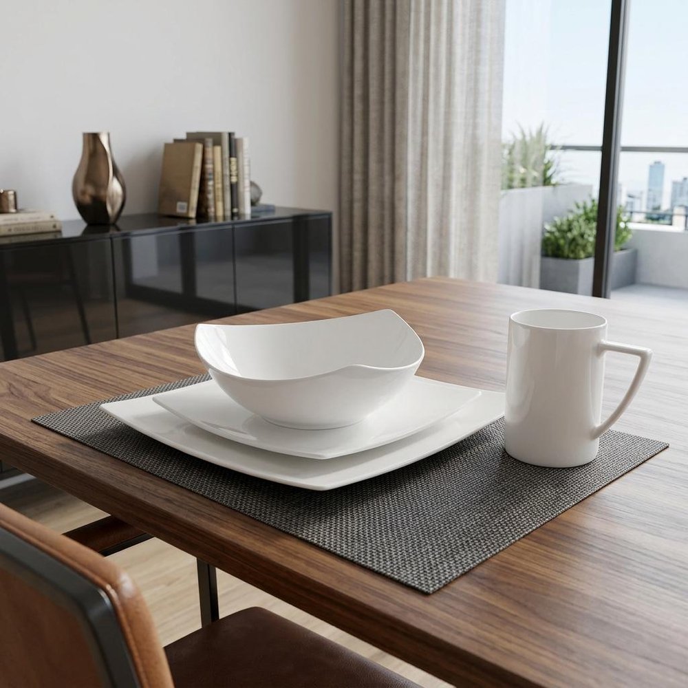 White Four Piece Square Bone China Dinnerware Set in a home interior
