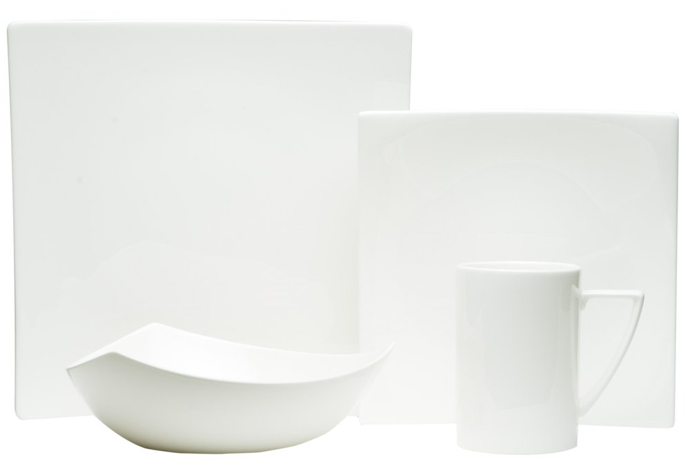 White Four Piece Square Bone China Dinnerware Set on a white background