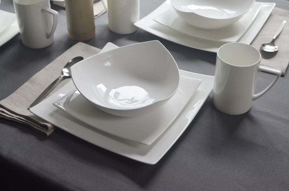 White Four Piece Square Bone China Dinnerware Set in a home interior