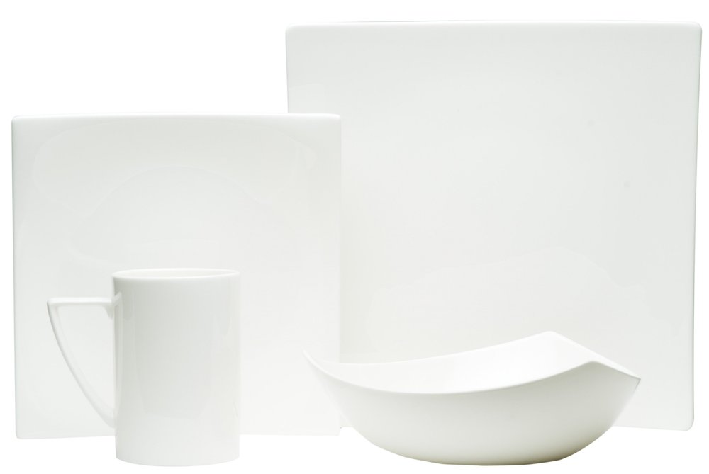White Four Piece Square Bone China Dinnerware Set on a white background