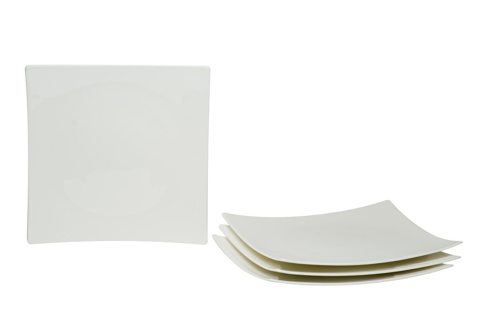 White bone china square dinner plates, one plate upright and three stacked on a white background.
