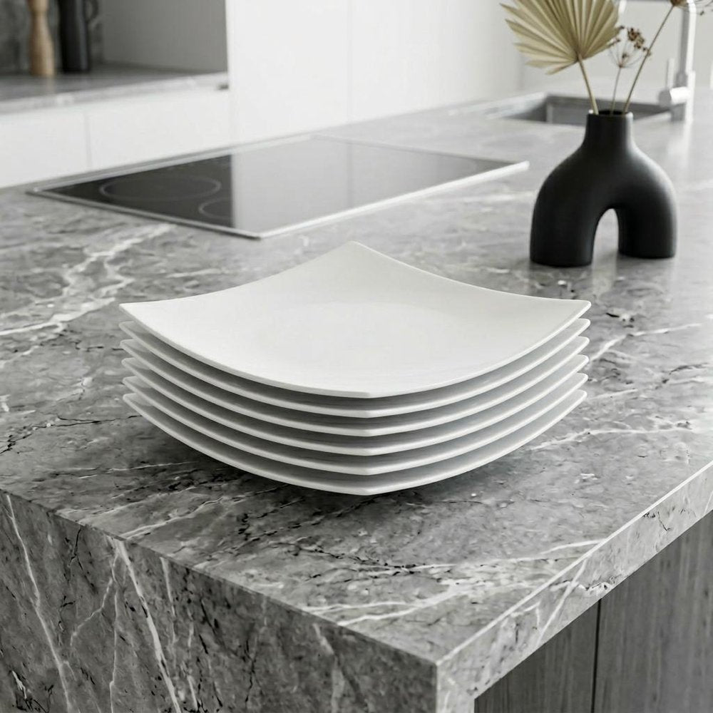 White Six Piece Square Bone China Service For Six Dinner Plate Set in a home interior