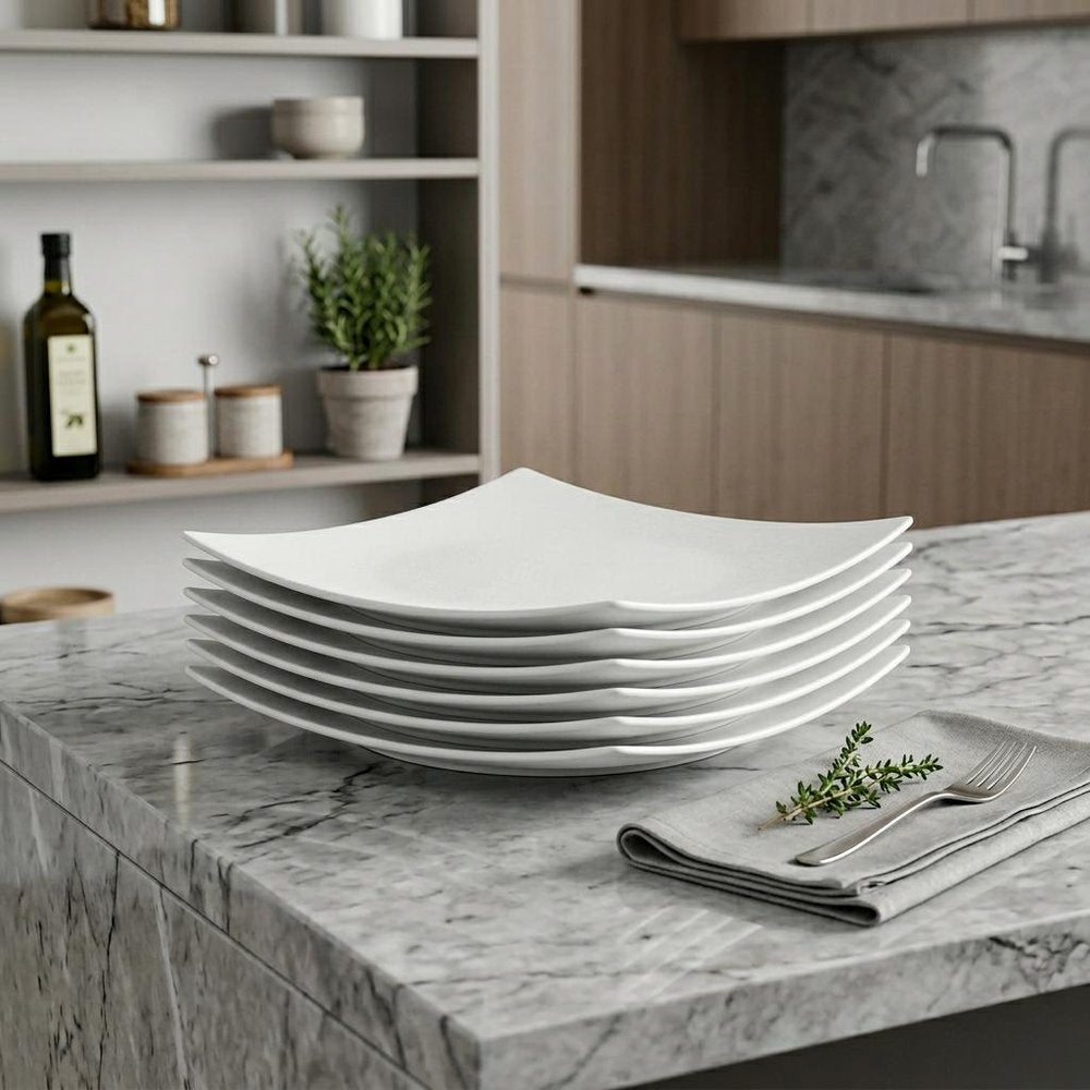 White Six Piece Square Bone China Service For Six Salad Plate Set in a home interior