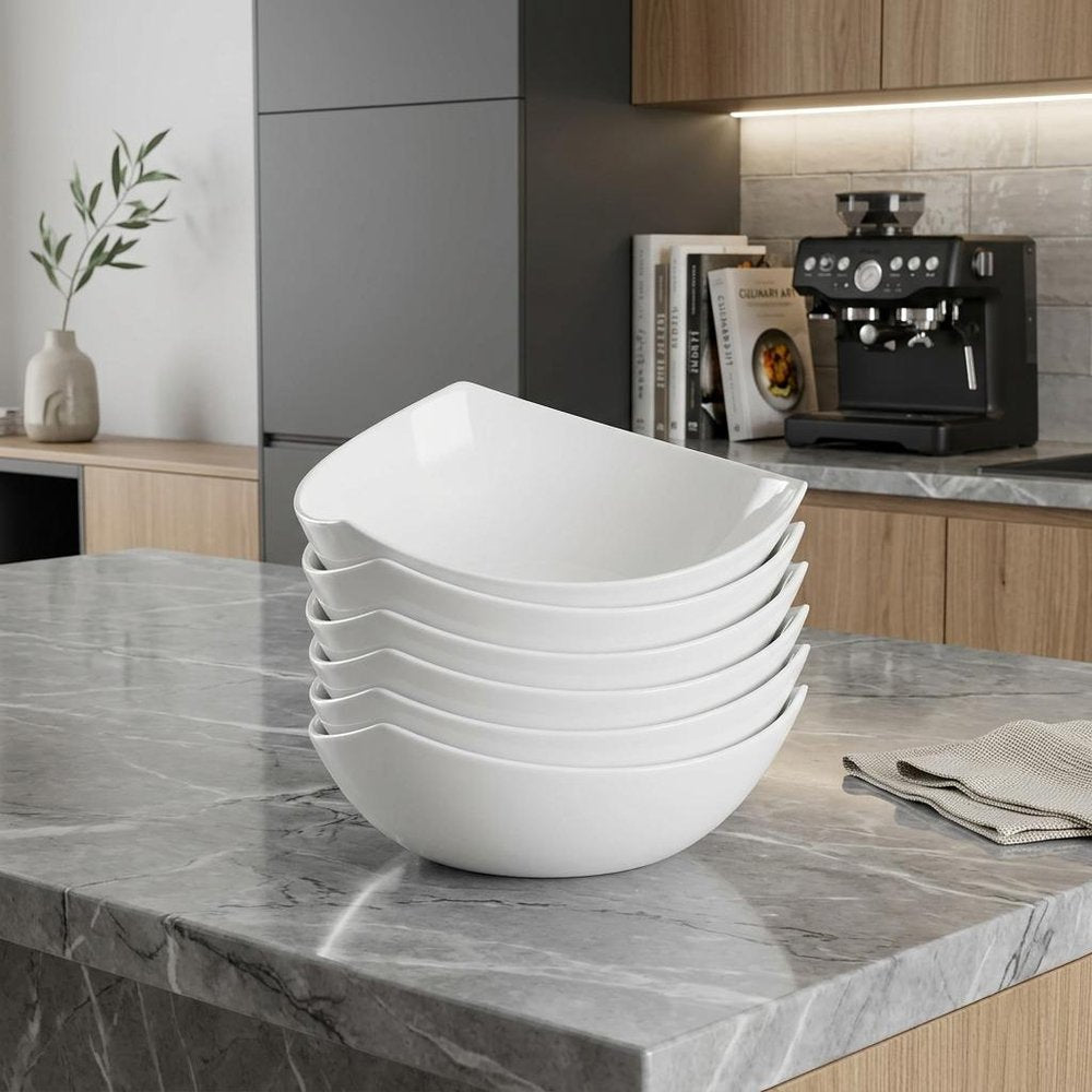 White Six Piece Triangle Bone China Service For Six Bowl Set - with Six Soup Bowls in a home interior