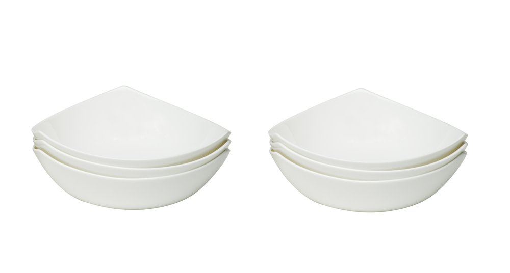White Six Piece Triangle Bone China Service For Six Bowl Set - with Six Soup Bowls on a white background