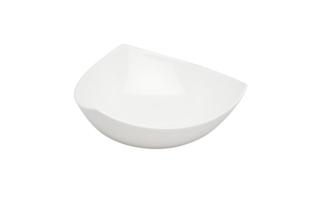 White bone china bowl with a unique triangular shape on a white background.