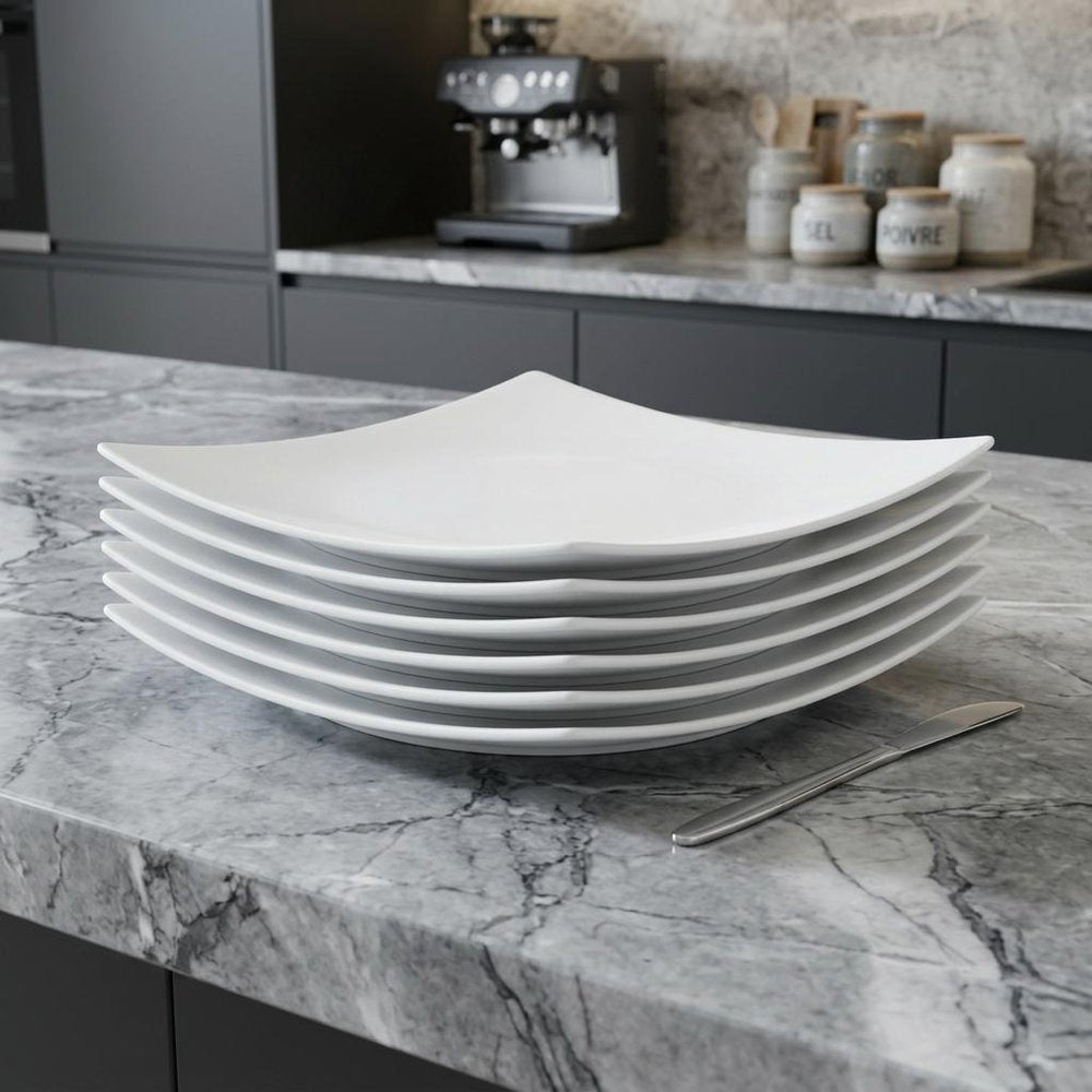 White Six Piece Square Bone China Service For Six Bread and Butter Set in a home interior
