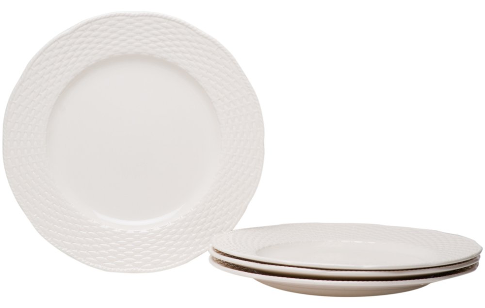 White stoneware dinner plates with a woven texture on the rim, stacked and displayed on a white background.