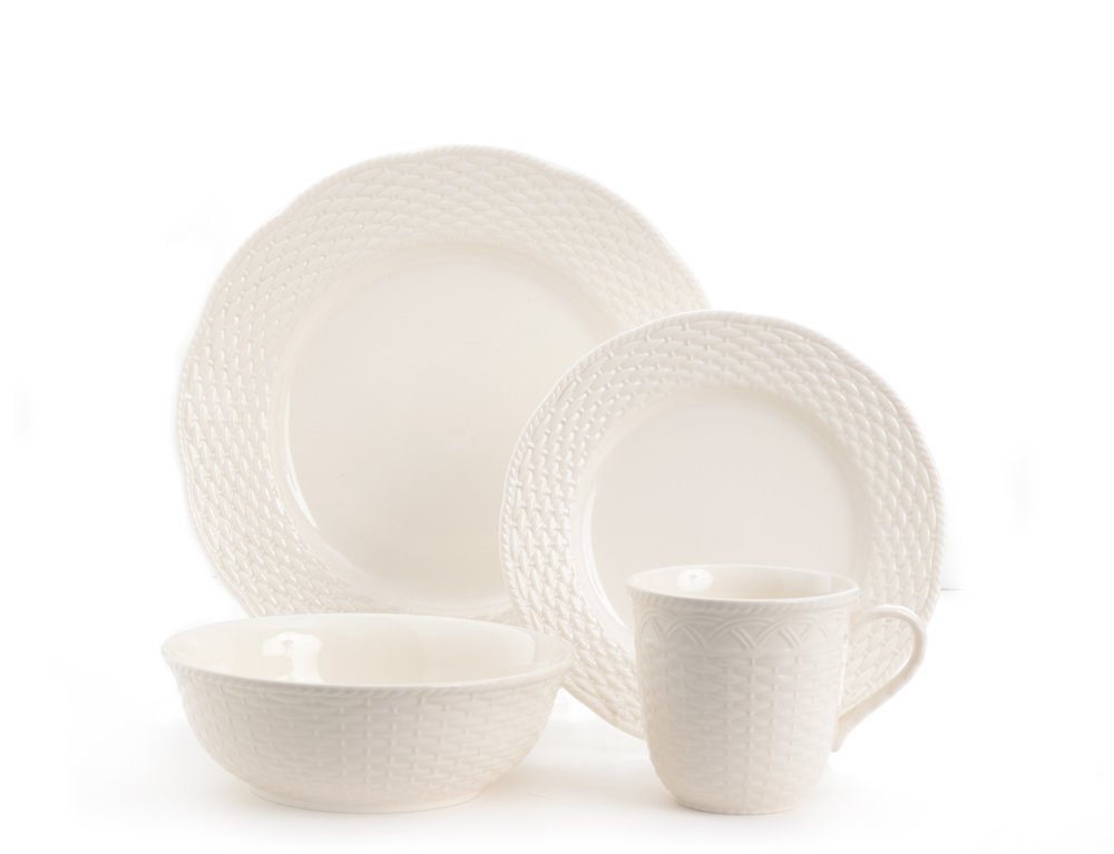 White Four Piece Weave Stoneware Service For Four Dinner Plate Set on a white background