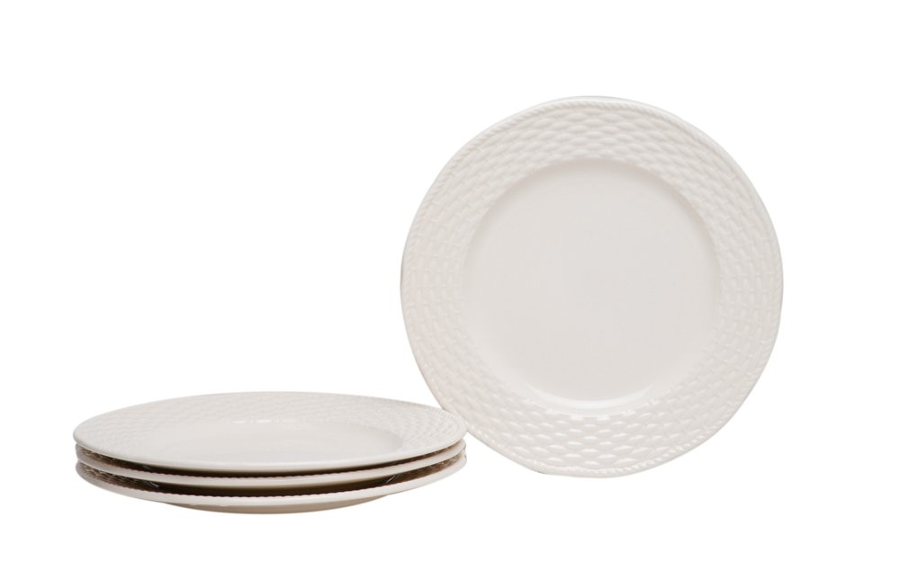 White Four Piece Round Weave Stoneware Service For Four Salad Plate Set on a white background