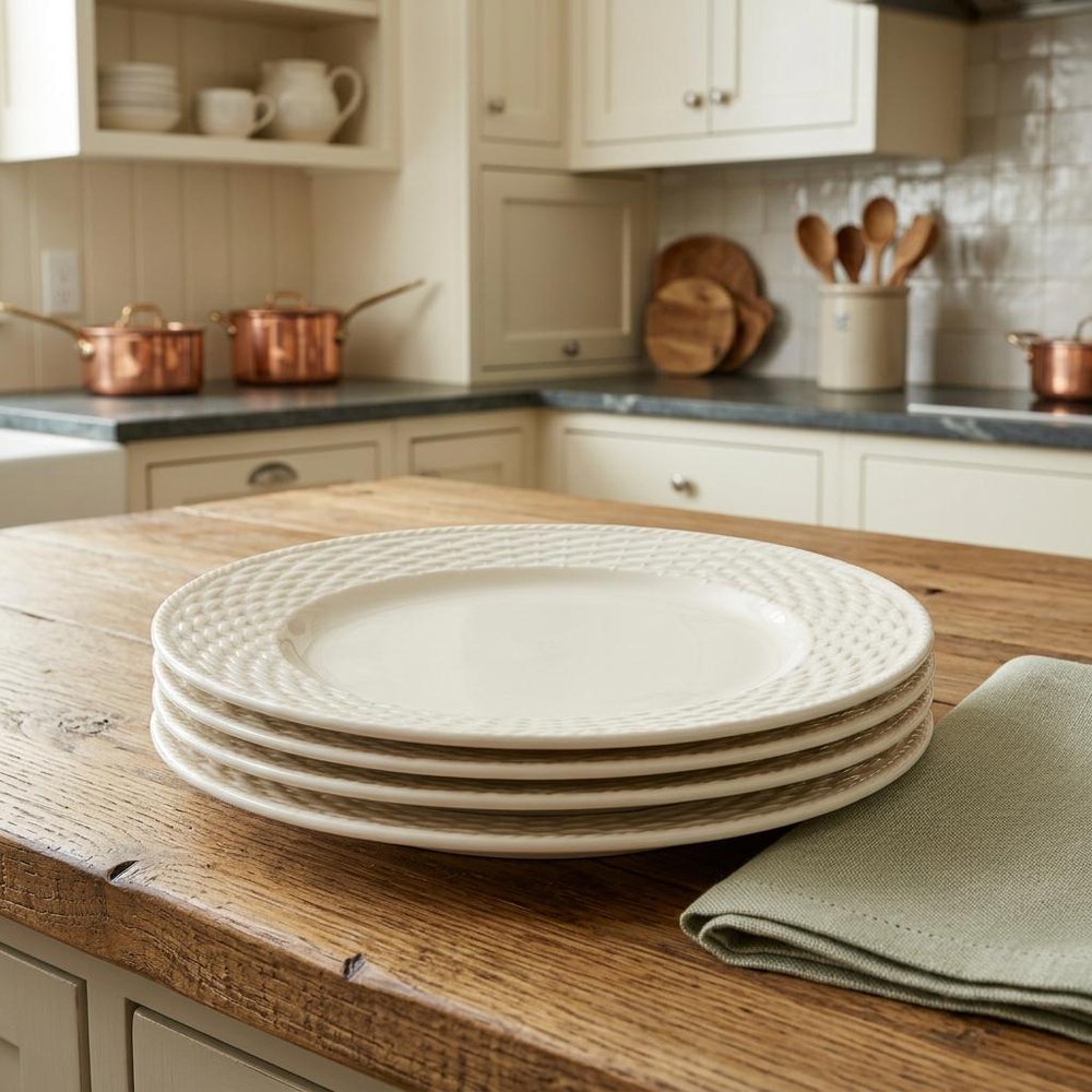 White Four Piece Round Weave Stoneware Service For Four Salad Plate Set in a home interior