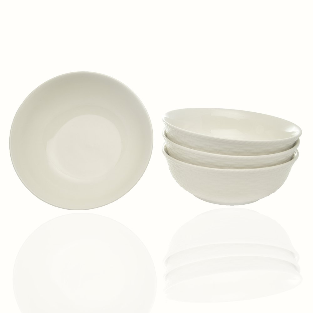 A set of four white stoneware bowls with a textured weave pattern, displayed on a white background with reflections.