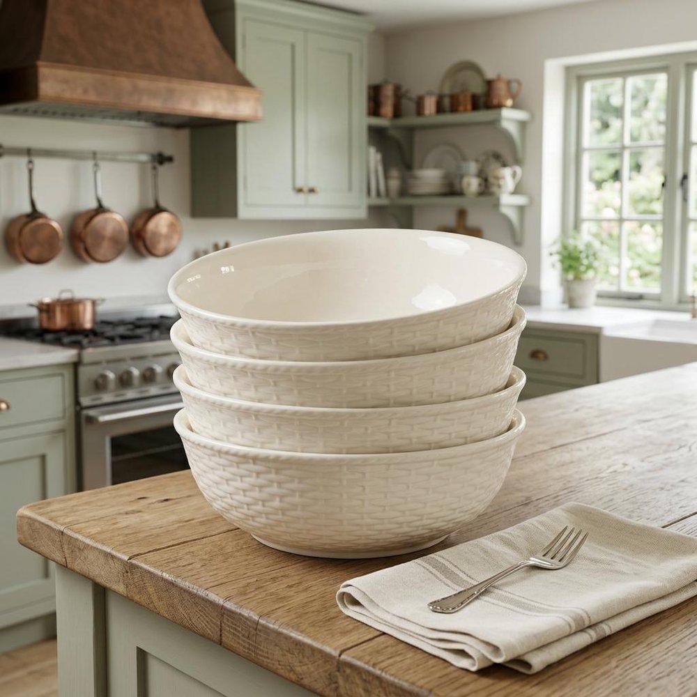 White Four Piece Round Weave Stoneware Service For Four Bowl Set