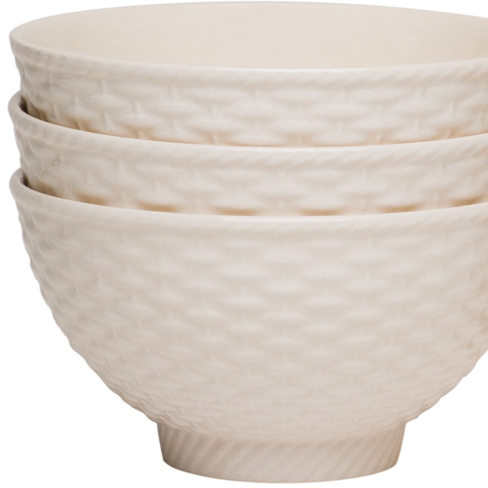 White Four Piece Weave Stoneware Service For Four Bowl Set close-up detail