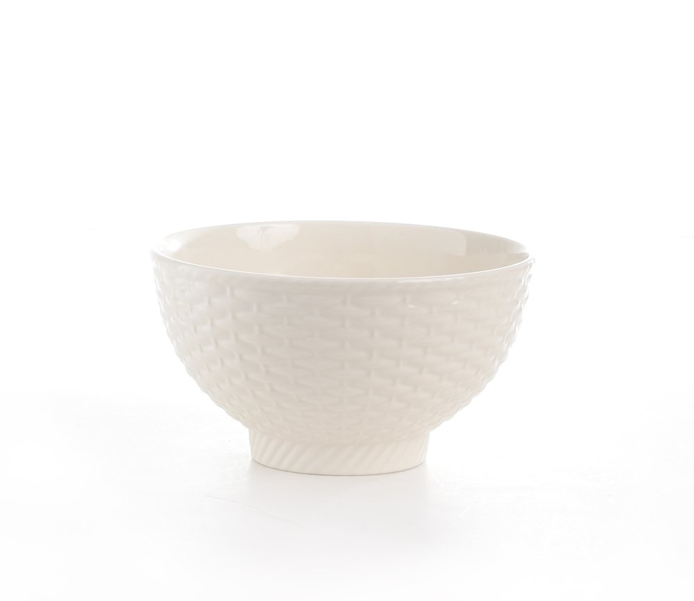 White stoneware bowl with a woven texture on a white background.
