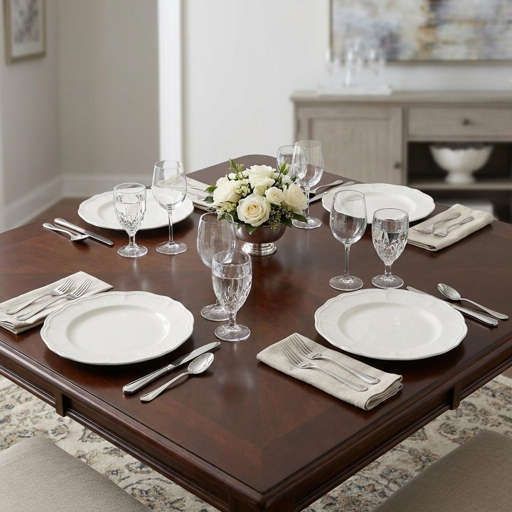 White Four Piece Scallop Stoneware Service For Four Dinner Plate Set in a home interior