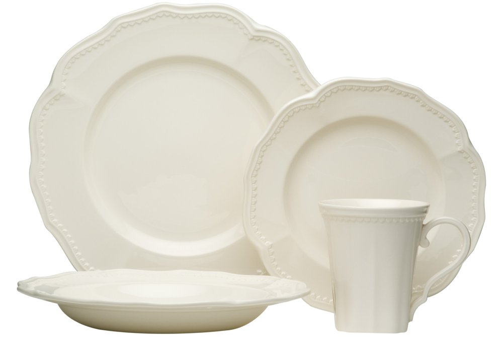 White Four Piece Scallop Stoneware Service For Four Dinner Plate Set on a white background