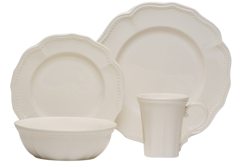 White Four Piece Scallop Stoneware Service For Four Dinner Plate Set on a white background