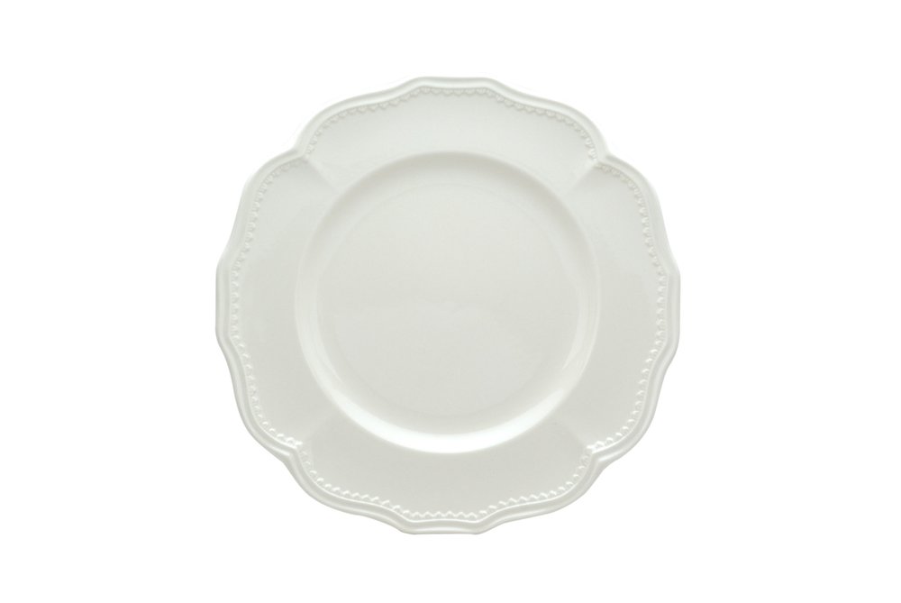White Four Piece Scallop Stoneware Service For Four Dinner Plate Set on a white background