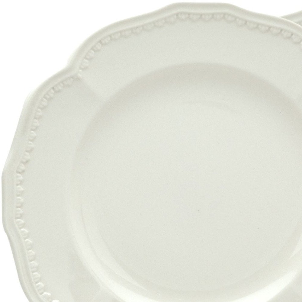 White Four Piece Round Scallop Stoneware Service For Four Salad Plate Set close-up detail