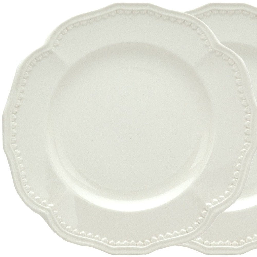 White Four Piece Round Scallop Stoneware Service For Four Salad Plate Set close-up detail